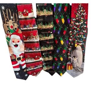 Lot of 5 Christmas Novelty Ties Noel Santa Claus Holiday Necktie‎ Bundle Festive